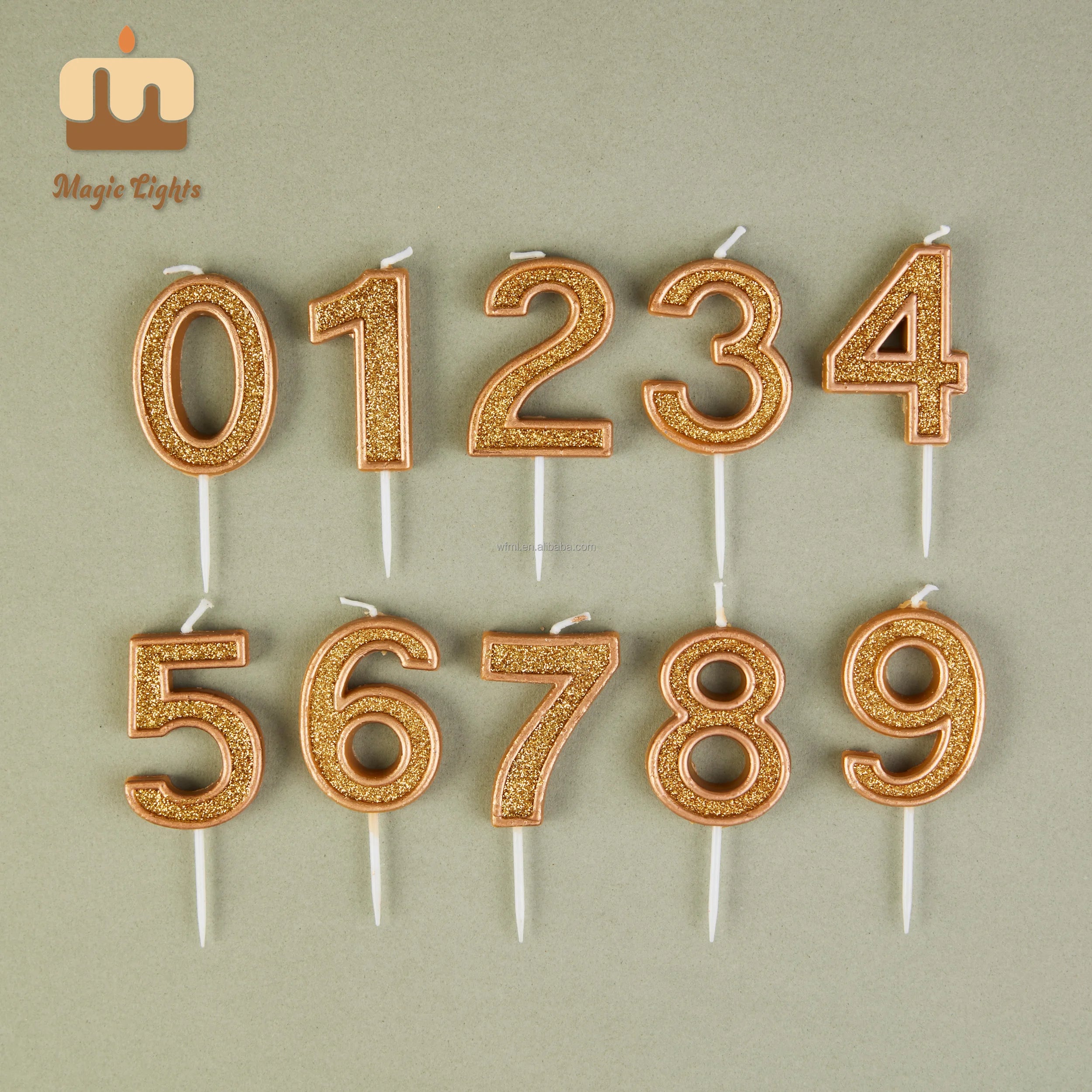Custom Design Wholesale Glitter Gold 0-9 Birthday Cake Number Candles for Party and Wedding