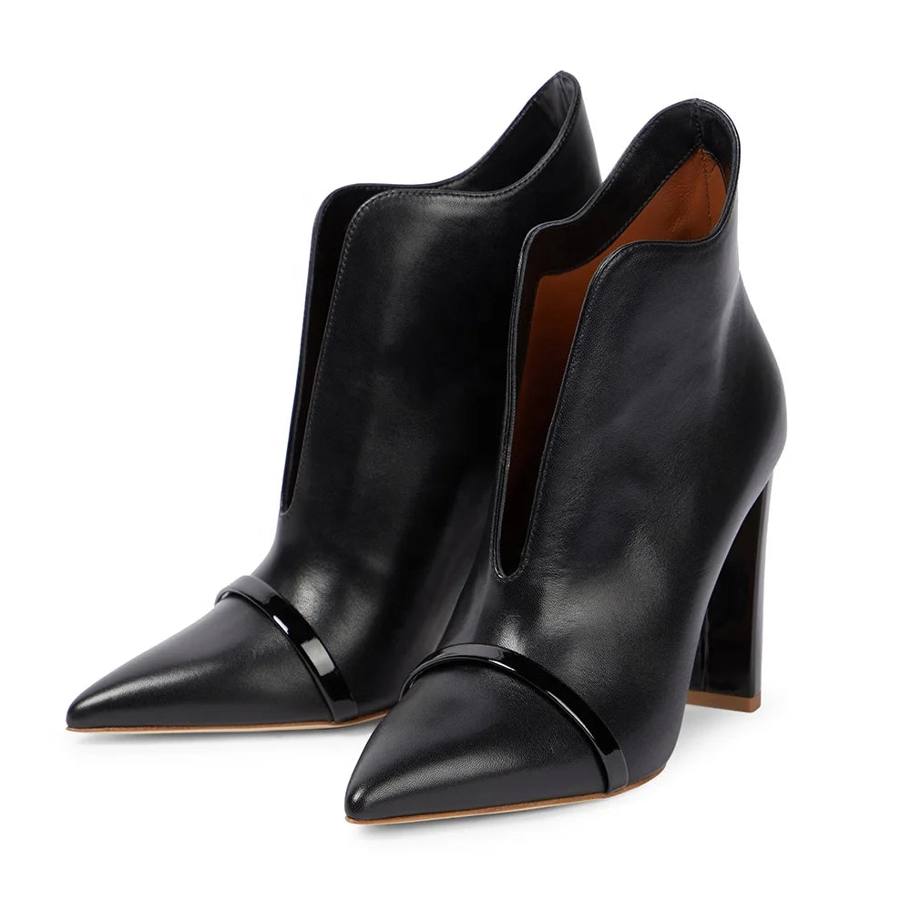 2022 Ladies Black Chunky Heel Ankle Booties Pointed Toe High Heels Boots Slip on Block Heel Winter Shoes