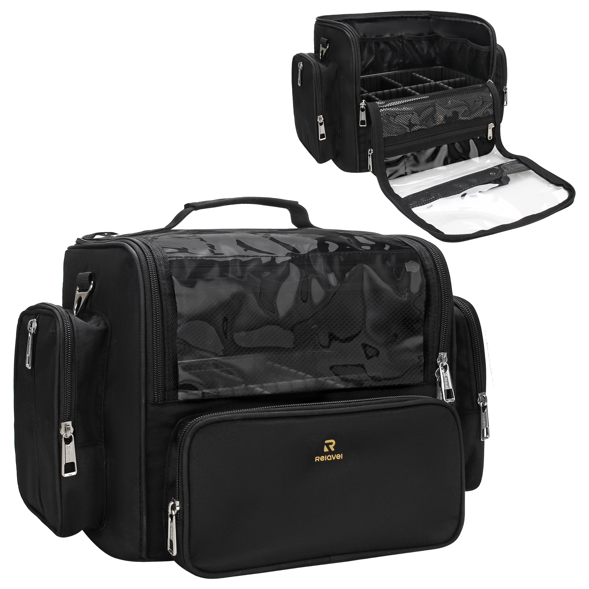Relavel Clear Waterproof Cosmetic Organizer Bags Full Open Makeup Brush Holder Black Professional Makeup Artist Travel Bag