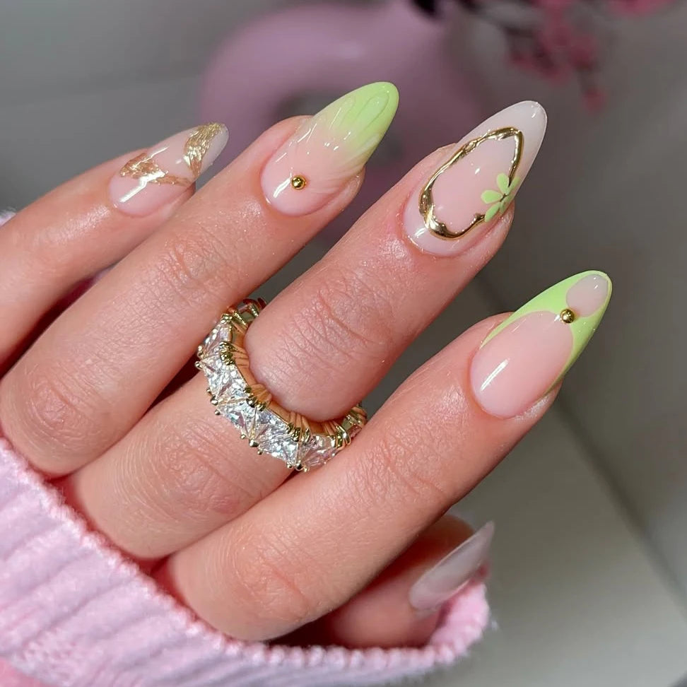 Custom Logo Almond Fake False Nails Set With Glue Wholesale Handmade Soft Gel X Premium Green 3D Spring Press on Nails in Bulk