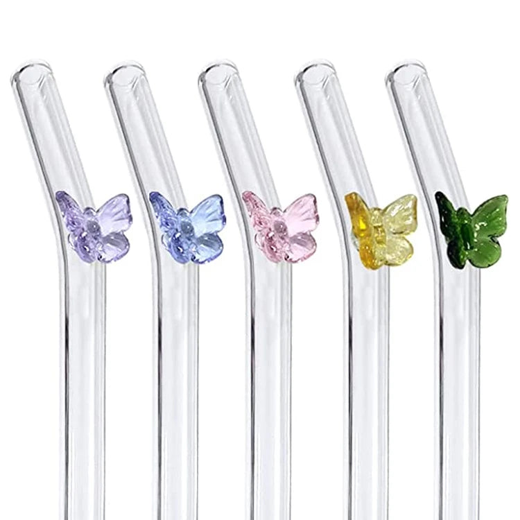 Reusable High Borosilicate Glass Drinking Straw Straws 8mm Set With Custom Logo Flower Butterfly Turtle Design