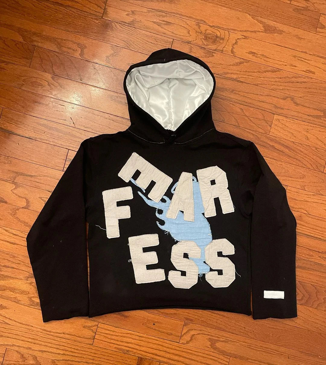 OEM Custom Applique Embroidery Patch Hoodie Double Layer Stain Lined Distressed Pullover Cut Edge Cropped Hoodie Men Street