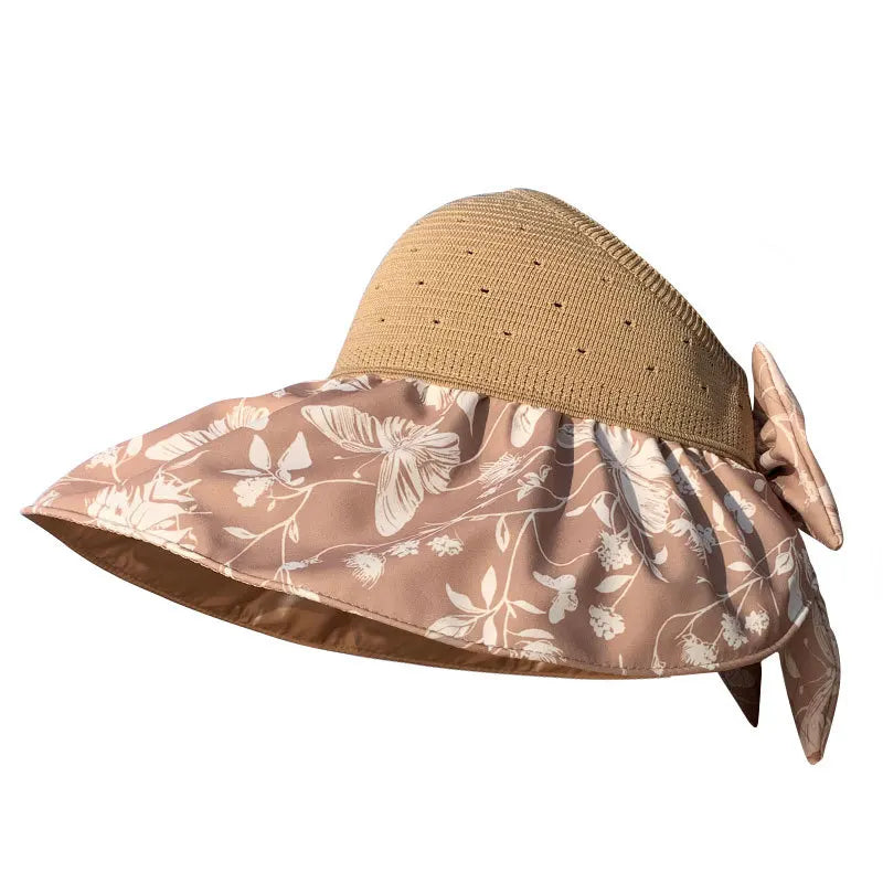 Custom logo Women Summer Beach Empty Foldable Wide Brim Sun Hat Super UV Protection Ponytail Bow Straw Hat for Ladies