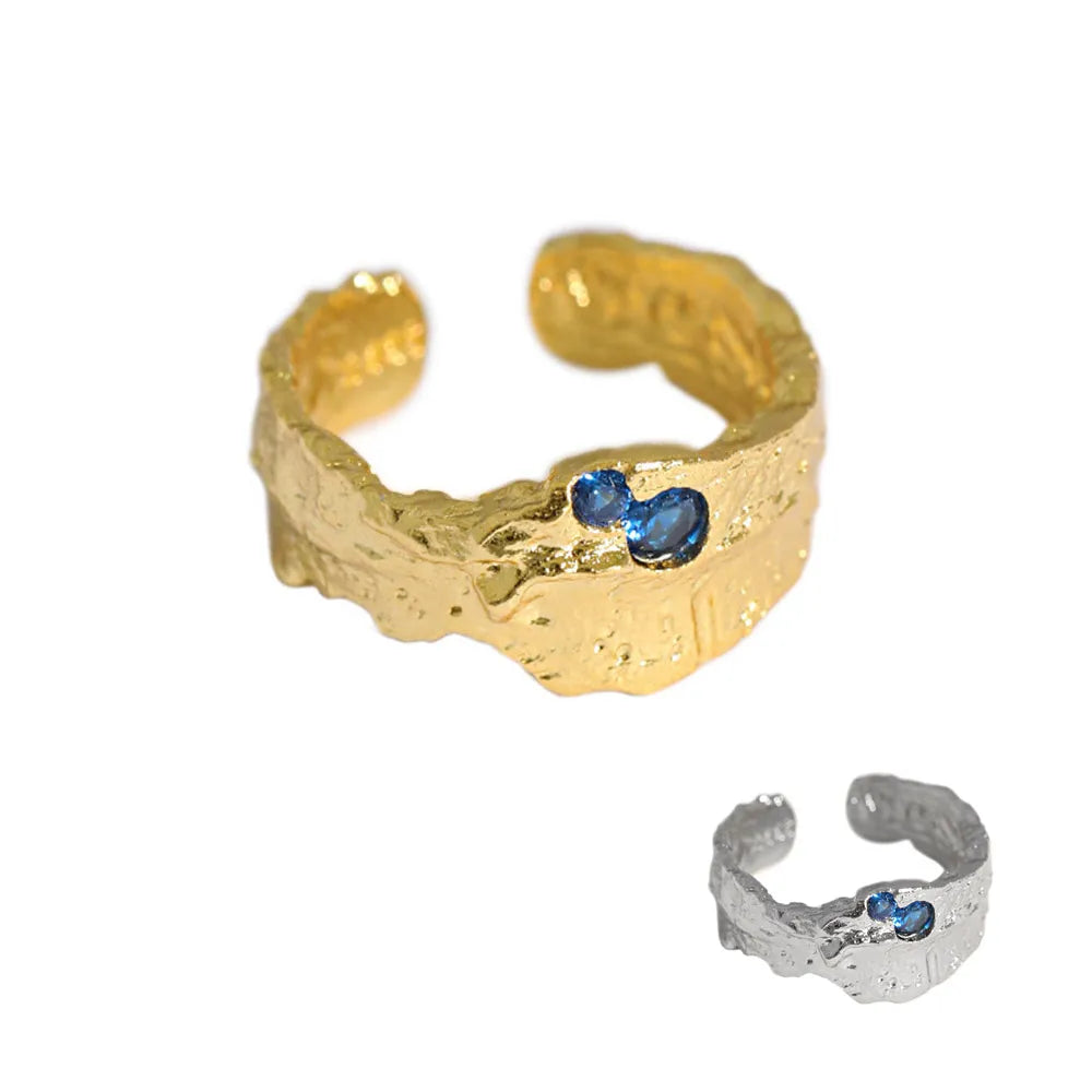 FUAMAY Hammered Sterling Silver Ring Gold Plated Irregular Lava Texture Ring Blue Zircon Ring