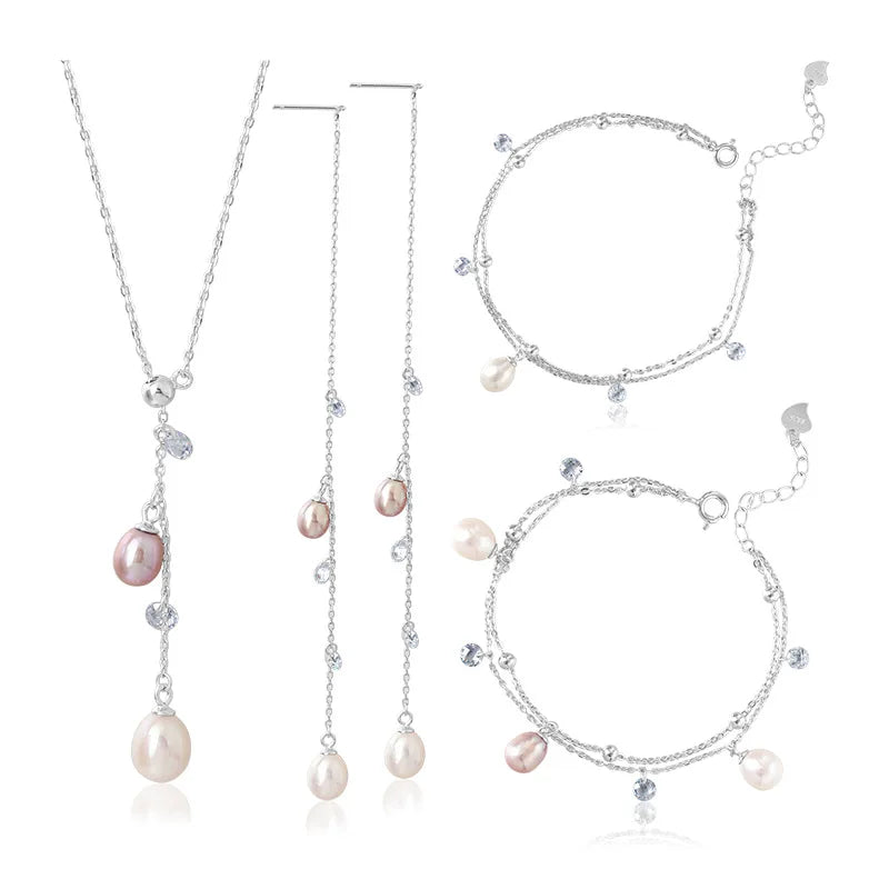 Fashion Women's Charm Jewelry Set Natural Pearl Tassel Long Necklace Earrings Bracelet Anklet Set for Wedding Accessories