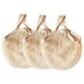 Portable Short Handle Net Tote Bags with Grips Beige Cotton Mesh Letter Pattern Grocery Shopping Bags