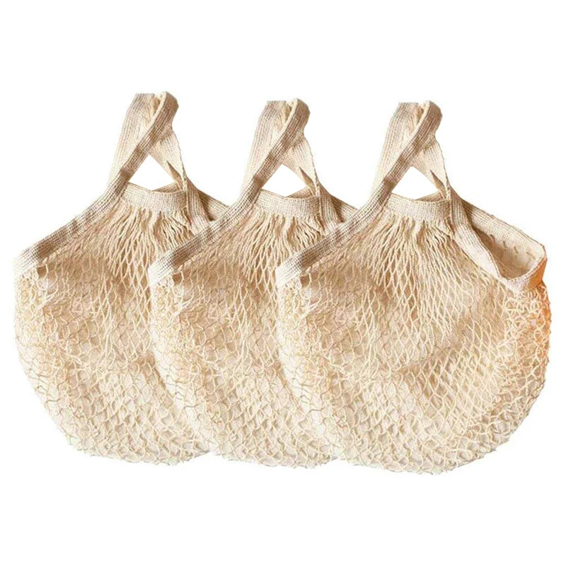 Portable Short Handle Net Tote Bags with Grips Beige Cotton Mesh Letter Pattern Grocery Shopping Bags