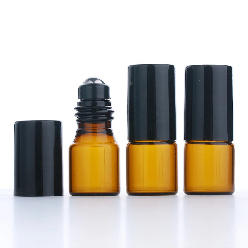 Premium 2ml Amber Glass Roll-On Bottle with Metal Ball Empty Perfume Container for Sample Tester Flat Shape and PP Collar