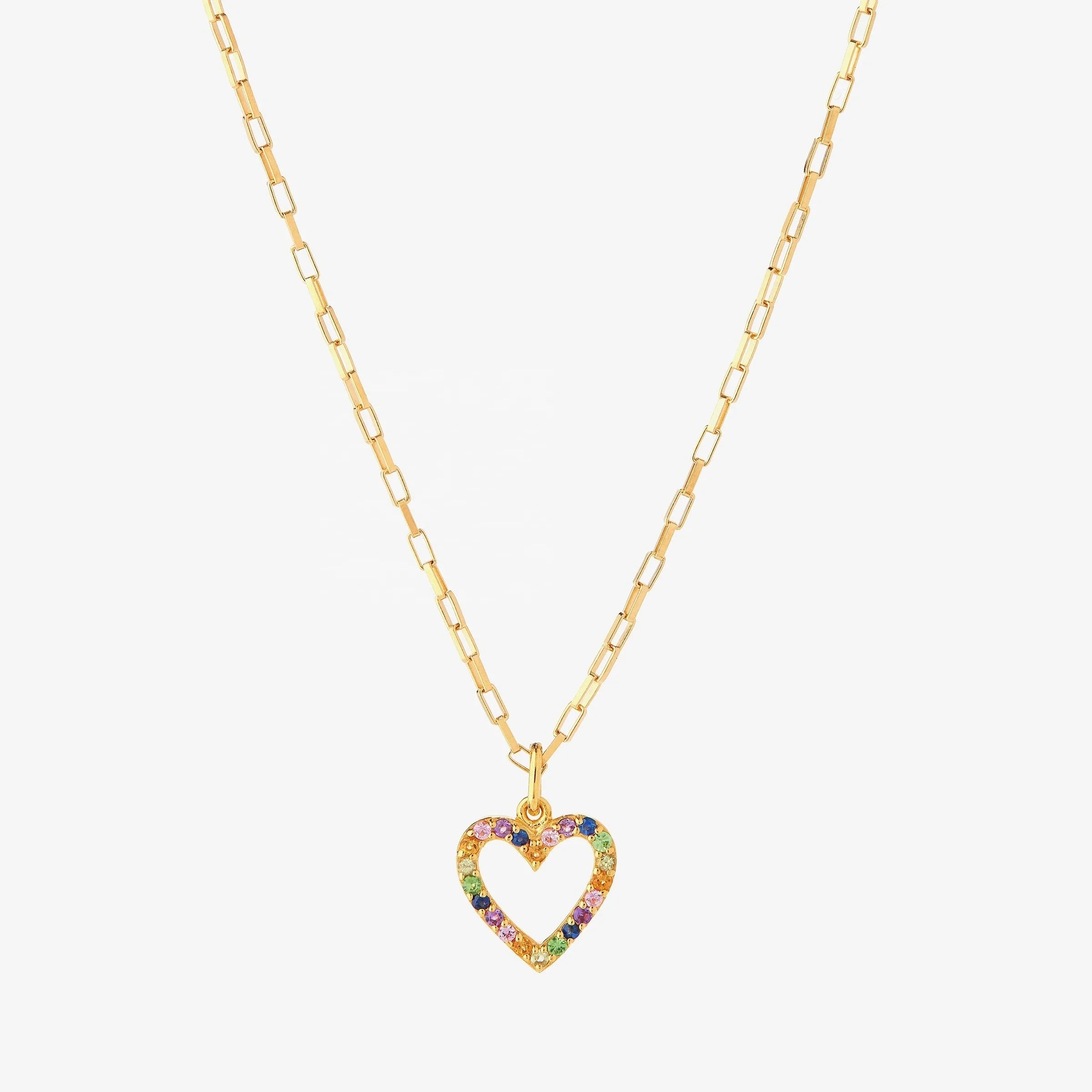 LOZRUNVE Boho Jewelry New 925 Silver Electric Chain Rainbow Open Heart Pendant Necklace