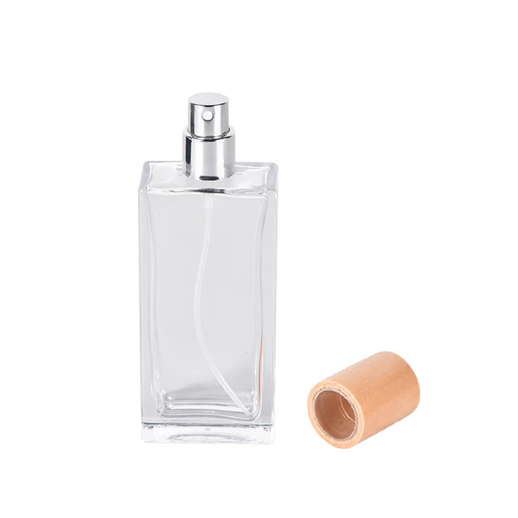 New Design Square 50ml Glass Perfume Bottle Wood Lid Refillable Pump Sprayer Screen Printing Surface Free Sample