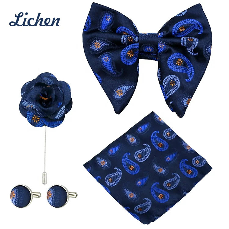 Luxury Wedding Office Gift Men's Bowtie Handkerchief Cufflinks Brooch Set Butterfly Knot Bow Ties