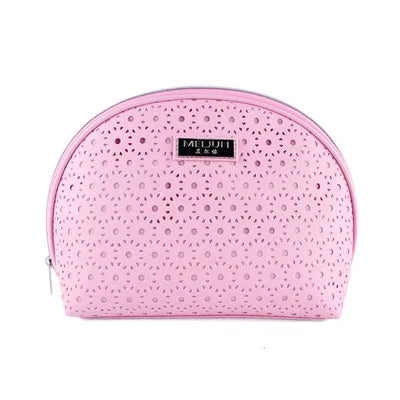 Factory OEM Eco Friendly PU Leather Cosmetic Zipper Bag Fashion Hollow Out Half Moon Shape Makeup Bag Women Gift