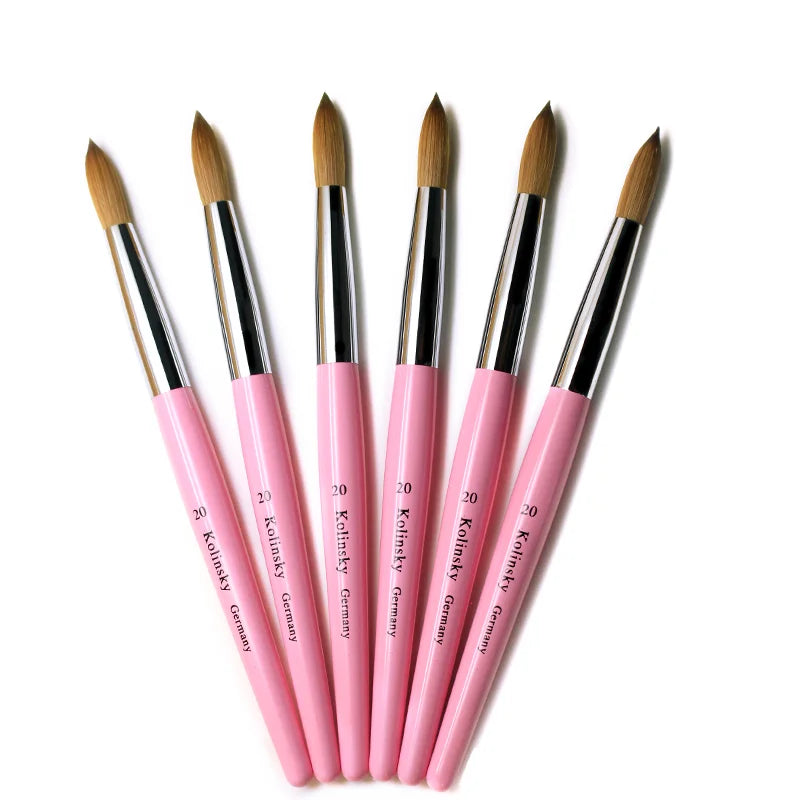 Luxury Pink Wooden Handle Acrylic Nail Brush with Round Crimped Head USA Size Custom Logo 100% Real Kolinsky Hair for Nail Art