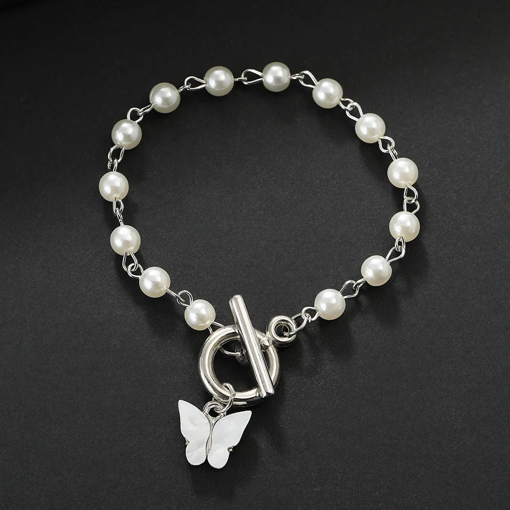 Simple Elegant Inlay Shell Butterfly Bracelet Delicate Hand Made Embroidered Pearl Butterfly Bangles Bracelet