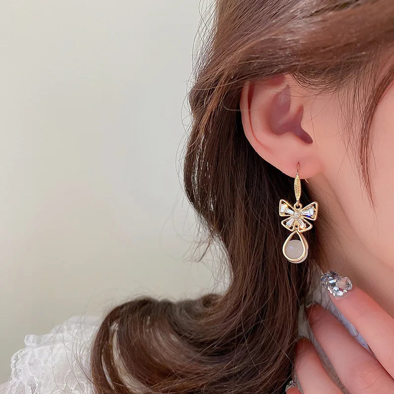 Fashion Korean Zircon Bowknot Designer Drop Earrings Jewelry Wholesale 2022 Trendy 18K Gold Plated Opal Earrings For Women Girls