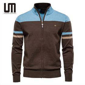 Liu Ming Good Quality Autumn Winter Trending Men S 100% Cotton Zipper Cardigan Striped Casual Patchwork Knitted Sweaters