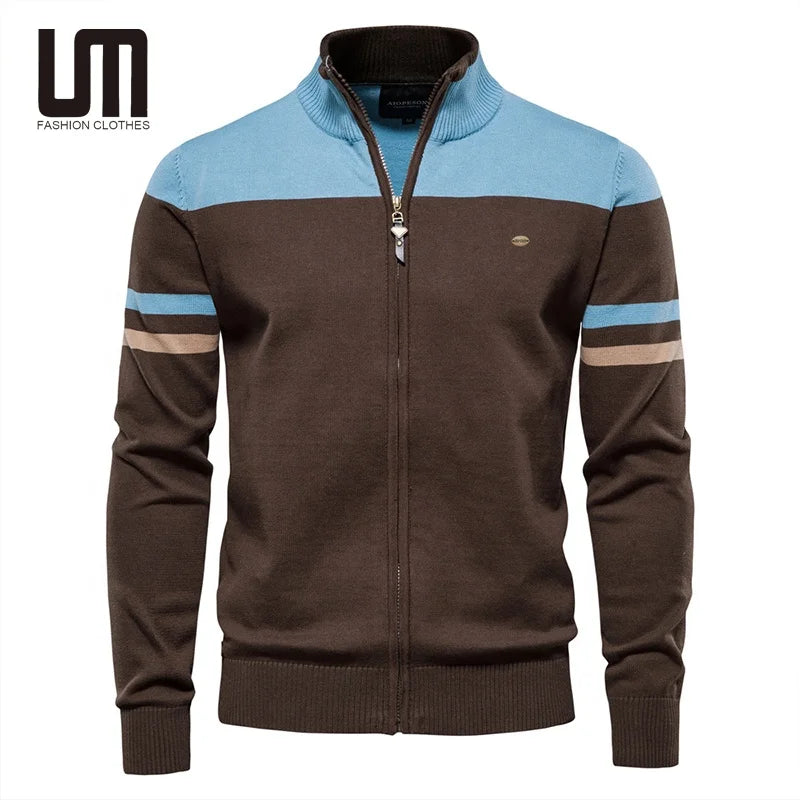 Liu Ming Good Quality Autumn Winter Trending Men S 100% Cotton Zipper Cardigan Striped Casual Patchwork Knitted Sweaters