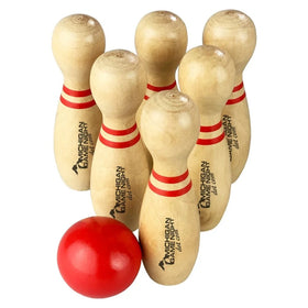Eco-Friendly Wooden Bowling Set Custom Logo PT001 Promotional Gifts Travel Game in Bag Six Wooden Pins 1 Red Wooden Bowling Ball