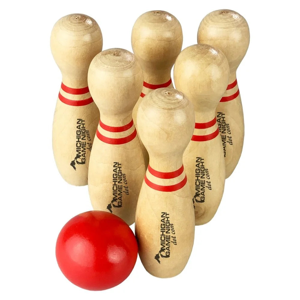 Eco-Friendly Wooden Bowling Set Custom Logo PT001 Promotional Gifts Travel Game in Bag Six Wooden Pins 1 Red Wooden Bowling Ball