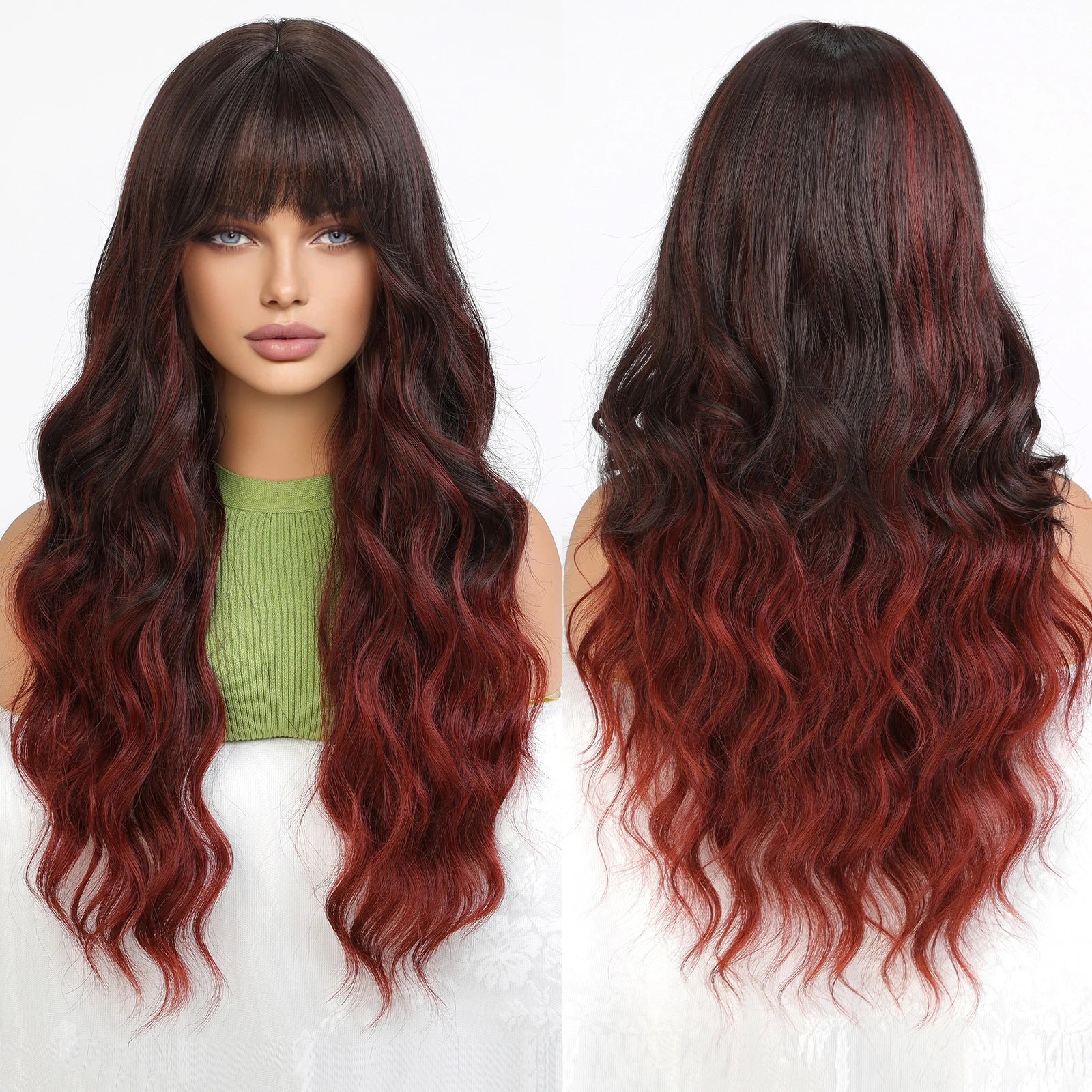 Long Wavy Layered Synthetic Wigs for Women Brown Highlights Wigs With Side Bangs Natural Hair Daily Party Heat Resistant Wig