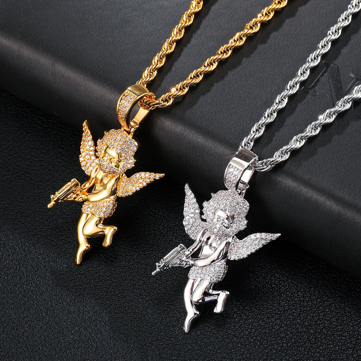 Diamond Eval Angle Pendant Iced Out Angle with Gun CZ Prong Solid Brass Pendant Necklace Robe Chain Hip-hop Jewalry for Man
