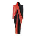 Spring Modest Lady Elegant Solid Double-Color Cross Design V-Neck  Pleated Long Women'S Dress