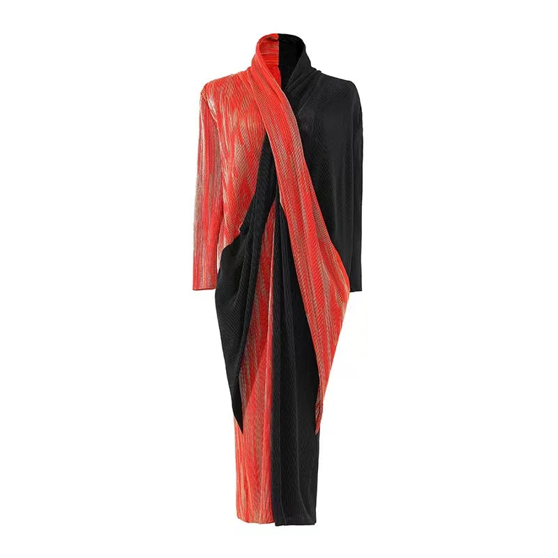 Spring Modest Lady Elegant Solid Double-Color Cross Design V-Neck  Pleated Long Women'S Dress