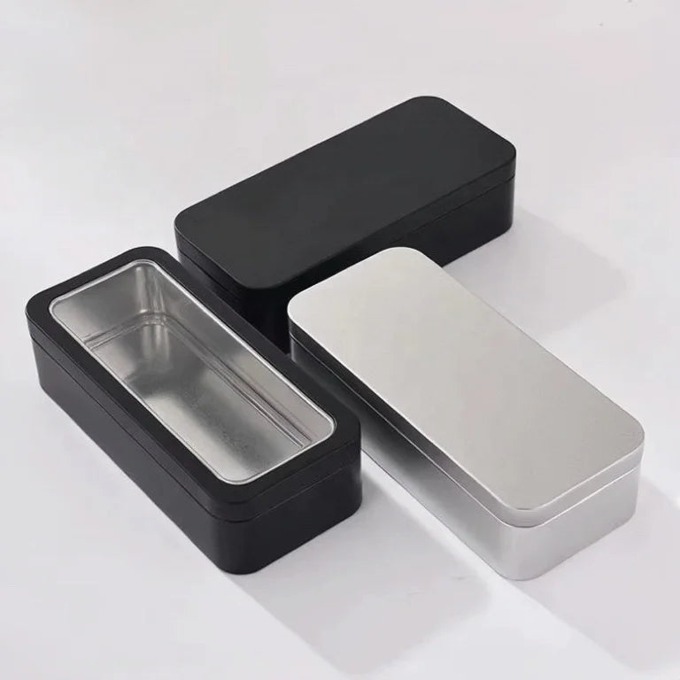 Premium Clear Window Lid Empty Black Rectangle Metal Box Snack Food Storage Tin