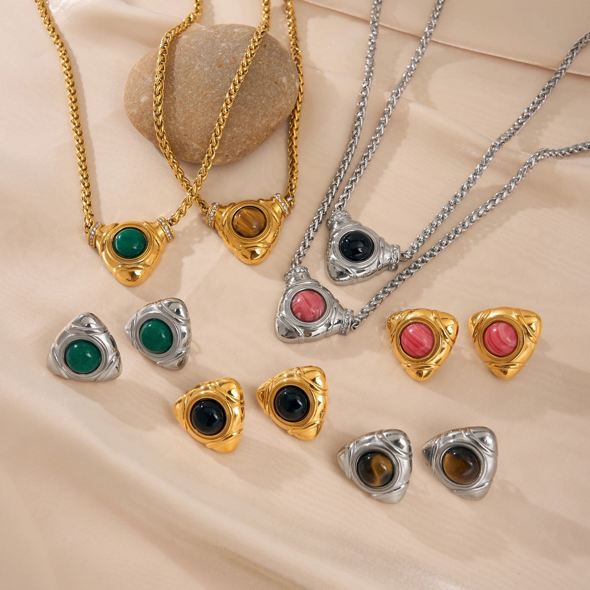 Dazan New HOT 18k Gold Plated Stainless Steel Boho Natural Stone Brown Dainty Triangle Earrings Necklace Jewelry Holiday Gift