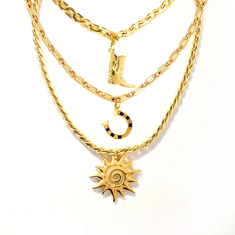 Tarnish Free Custom Jewelry 18K Gold Plated Stainless Steel Retro Cowboy Boot Thread Sunflower Pendant Necklace for Women