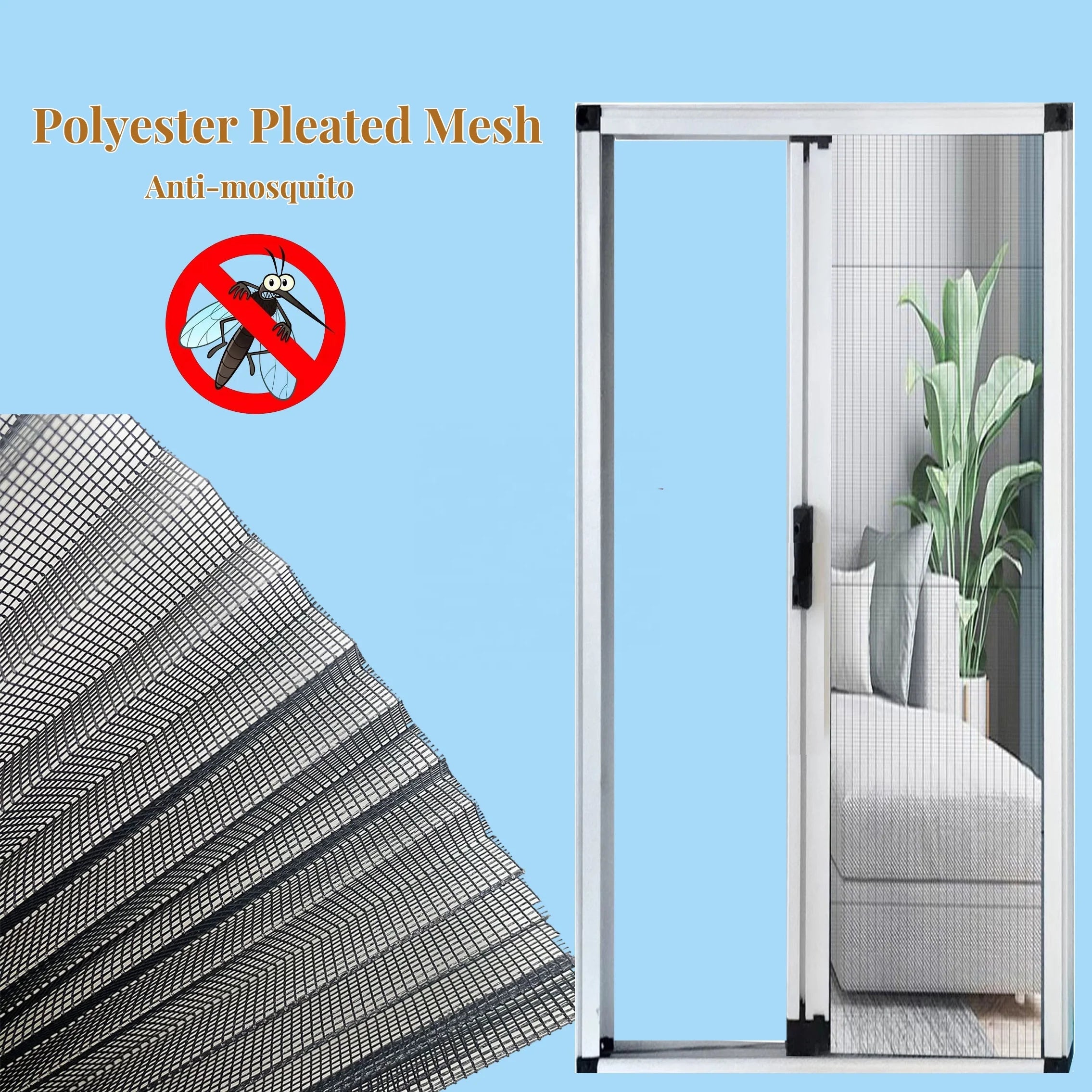 Modern Design Retractable Pleated Mesh Plisse Insect Screen Folding Sliding Door with Aluminium Windows and Mosquito Net
