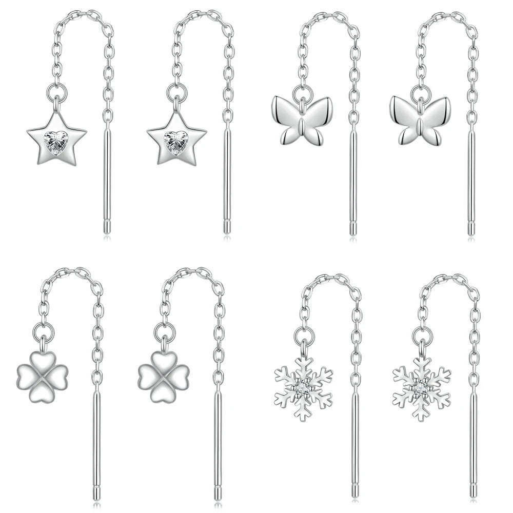 925 Sterling Silver Snowflake Droplet Dangle Earrings for Women Teens Elegant Long Dangling Earrings Threader Tassel