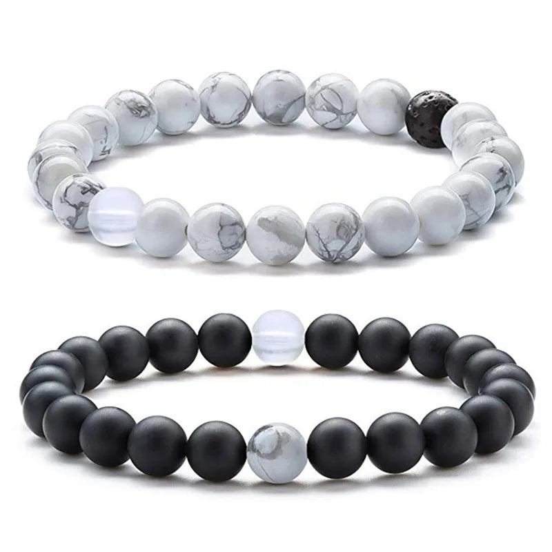 Hot Selling 8mm Simple Black Matte Bracelets White Howlite Natural Stone Woven Adjustable Yoga Bracelet for Women Men