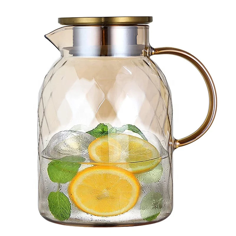 60oz Diamond Design Iced Tea Pot Borosilicate Luster Glass Water Pitcher with Lid and Spout