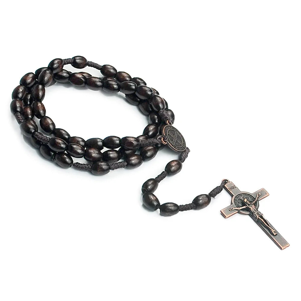 Handmade Christian Wood Bead Rosary Necklace Saint Benedict Medal Jesus Cross Religious Prayer Jewelry Gift