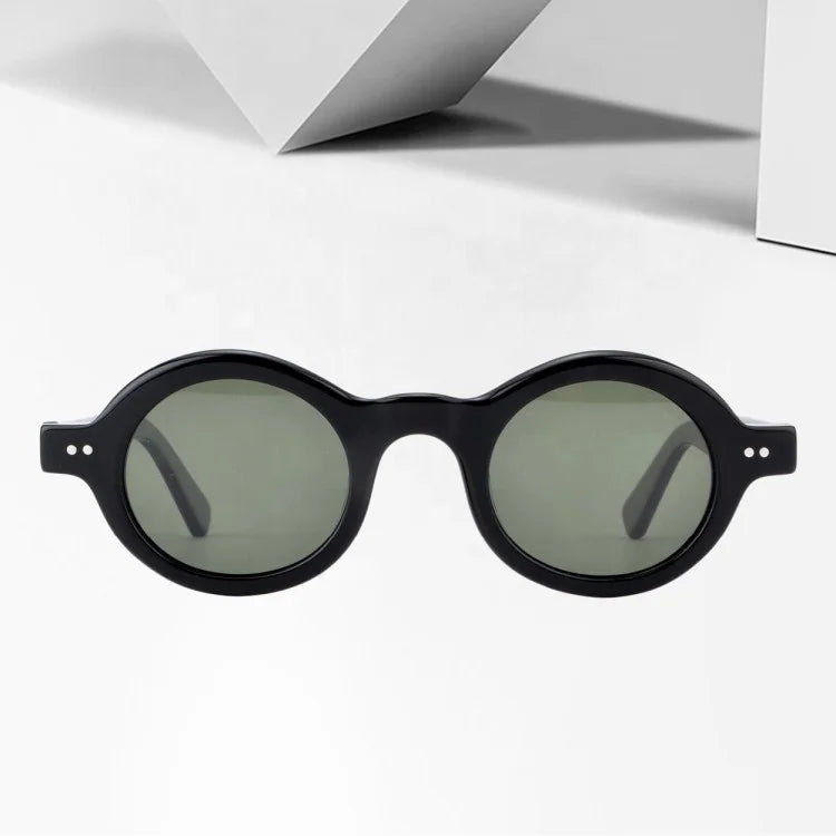 Competitive Price Round Retro Moda Sunglasses for Men Unisex Black Acetate Polarized Gafas De Sol Green Transparent Tac Lenses