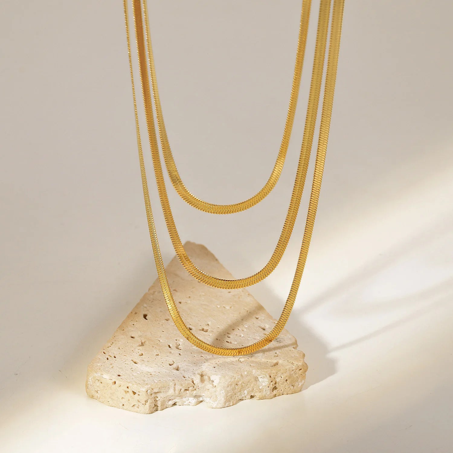 18K Gold Plated 3mm Snake Chain Triple Layer Women Statement Stainless Steel Necklace