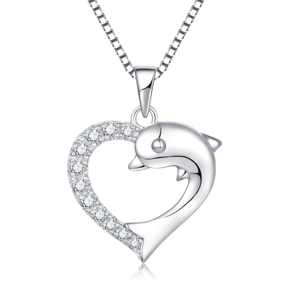 YILUN Rhodium Plated Zirconia 925 Sterling Silver Dolphin Heart Pendant Necklace Jewelry for Women