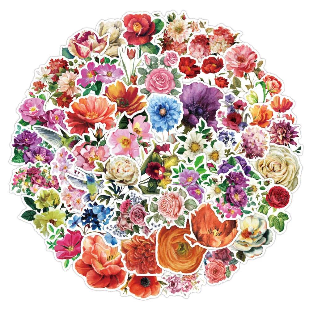 50Pcs Vintage Beautiful Flower Graffiti Stickers for Luggage Bottle Laptop Wall Window Waterproof Fresh Flowers Sticker