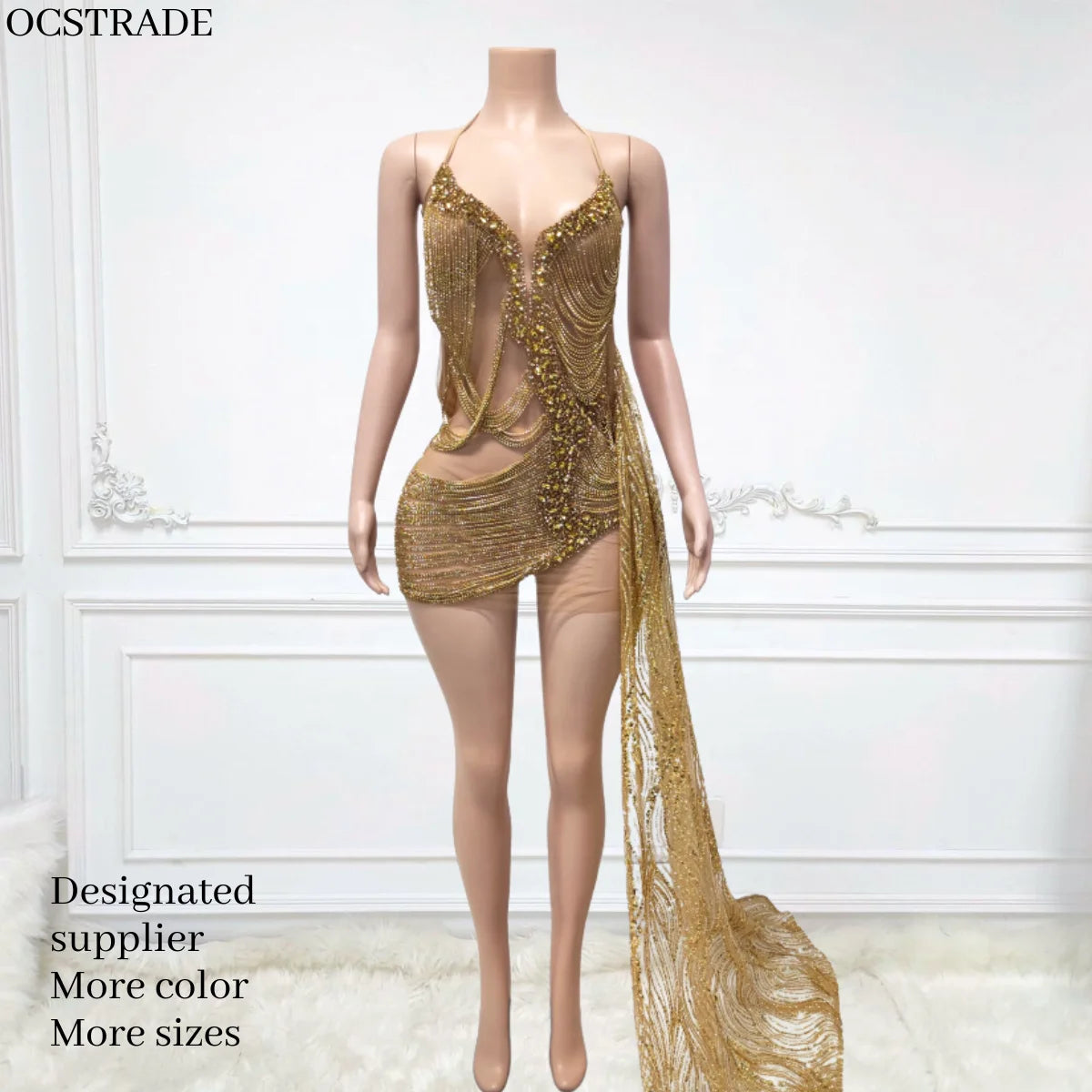 Ocstrade New Fashion Design Sexy Club Dress Porm Sleeveless Drawing Strings Shiny Rhinestone Mature Ladies Night Club Dress