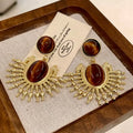 Maiou 2026 New Arrival Vintage Designer Elegant the Sun Flower Natural Stone Tiger Eyes Stone Drop Earrings for Women Jewelry