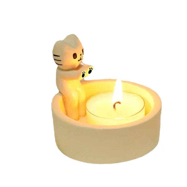 Cute Cat Tea Light Holder with Warming Paws Ceramic Easter Candle Holder Set Home Decoration and Gifts for Cat Lovers