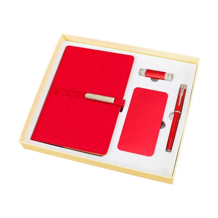 Custom Logo Executive Business Gift Powerbank Red A5 Notebooks Diary With Pen and Box and Usb Gift Set