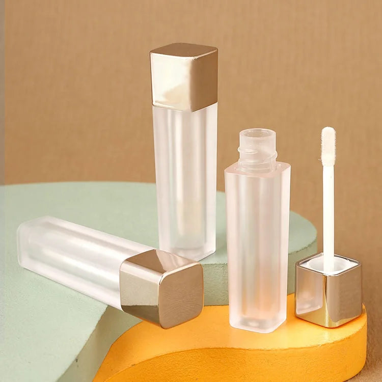 Custom Logo Square Glitter Gold Lip Gloss Tubes with Big Brush and Hot Stamping Frosted Cosmetic Lipstick Containers 5ml