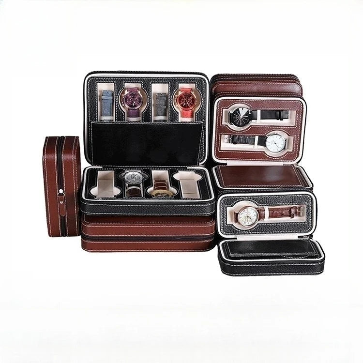 Fashion Watch Box Portable 10/12 Slot Black PU Leather Zipper Closure Protective Cases for Watches Storage
