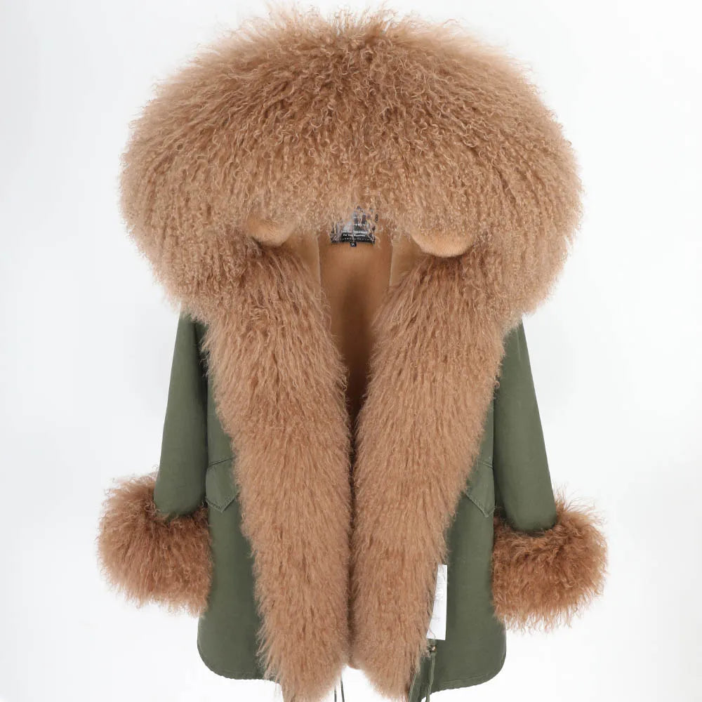 Hot Sale New Winter Fashion Mongolia Woven Wool Long Plus Size Ladies Natural Fur Coat Casual Women Parka