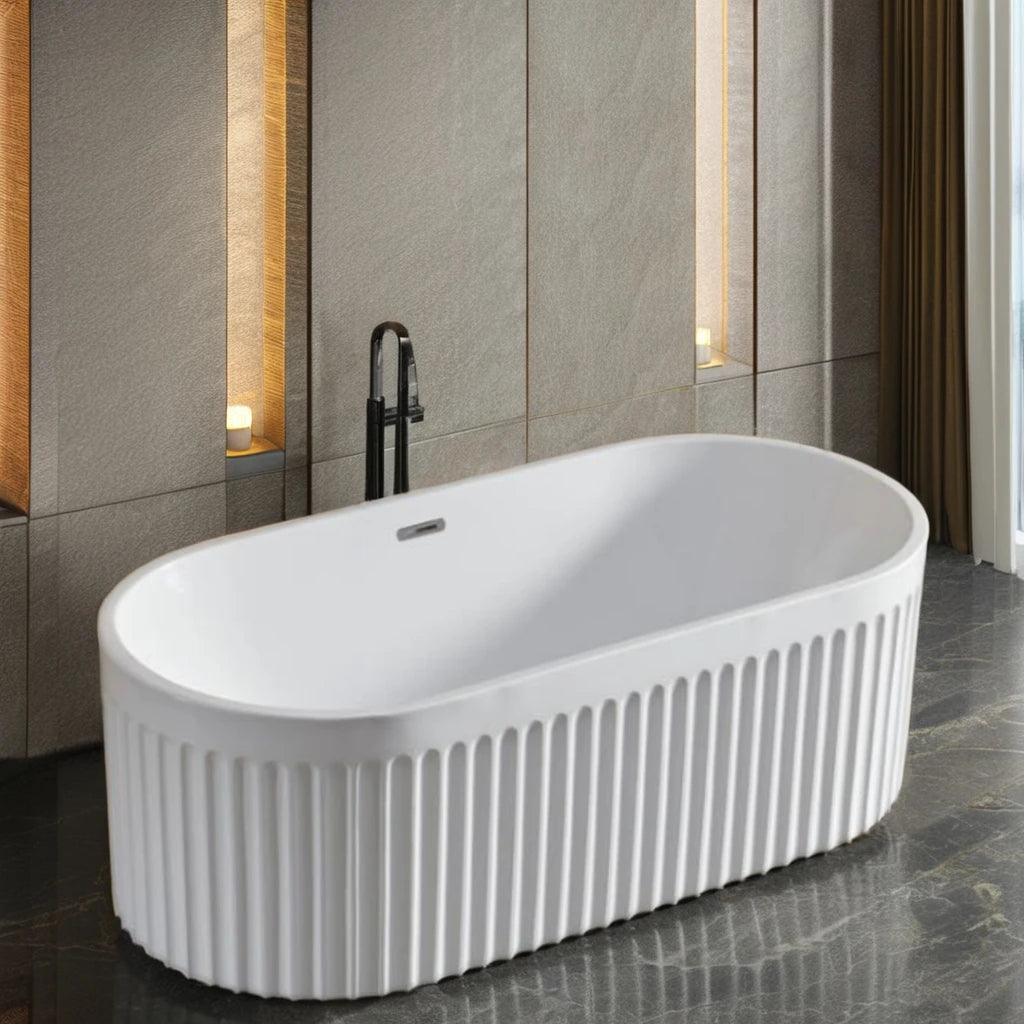 Meiyani White Freestanding Acrylic Solid Surface Bath Tub Oval Artificial Stone Fluted Groove Bathtub With Drainer for Soaking