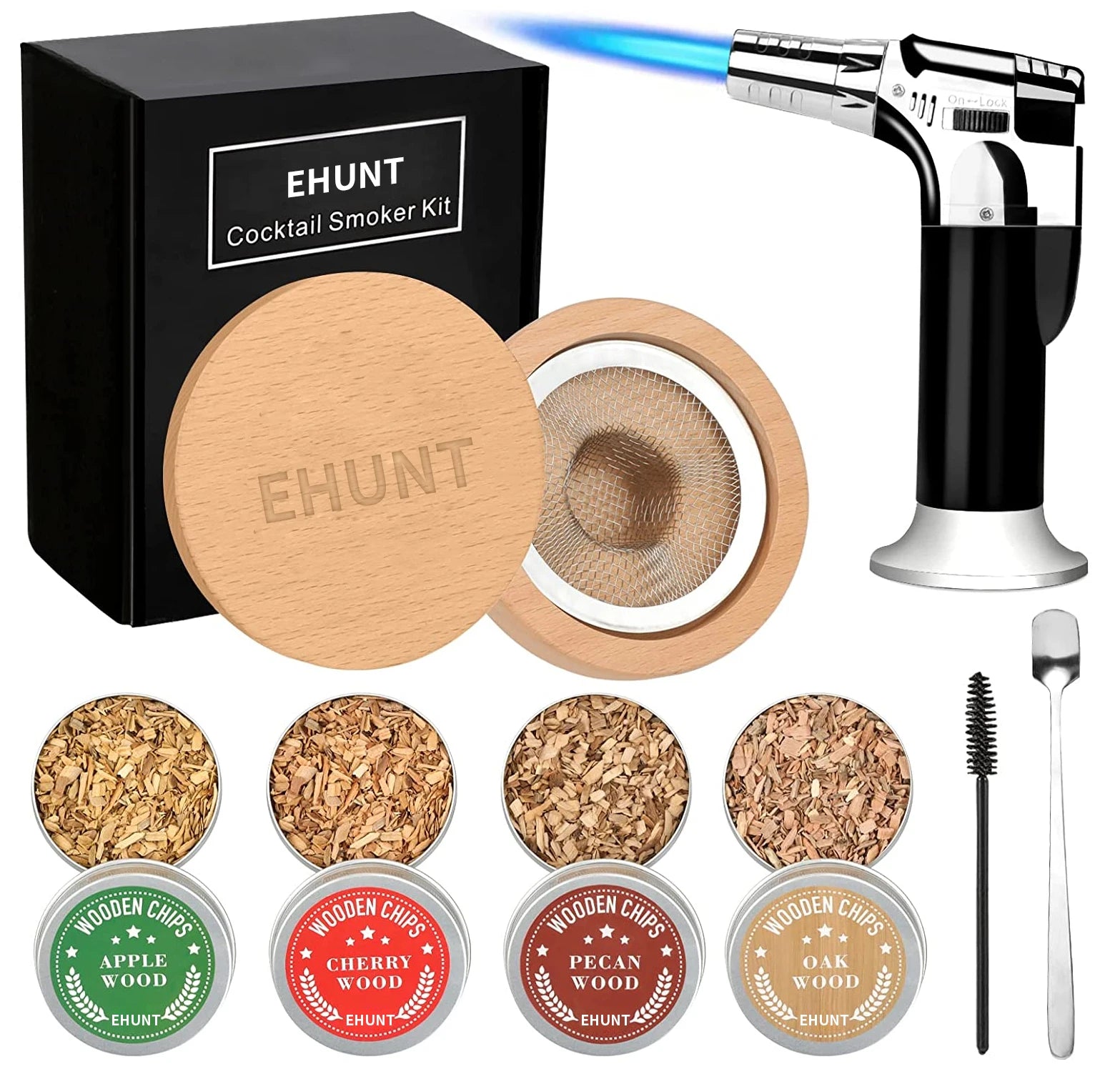WEIBU bar Tools Cocktail Whiskey Wood Smoker Kit Wood bar Tools 4 Unique Natural Wood Chips Great Gift for Men