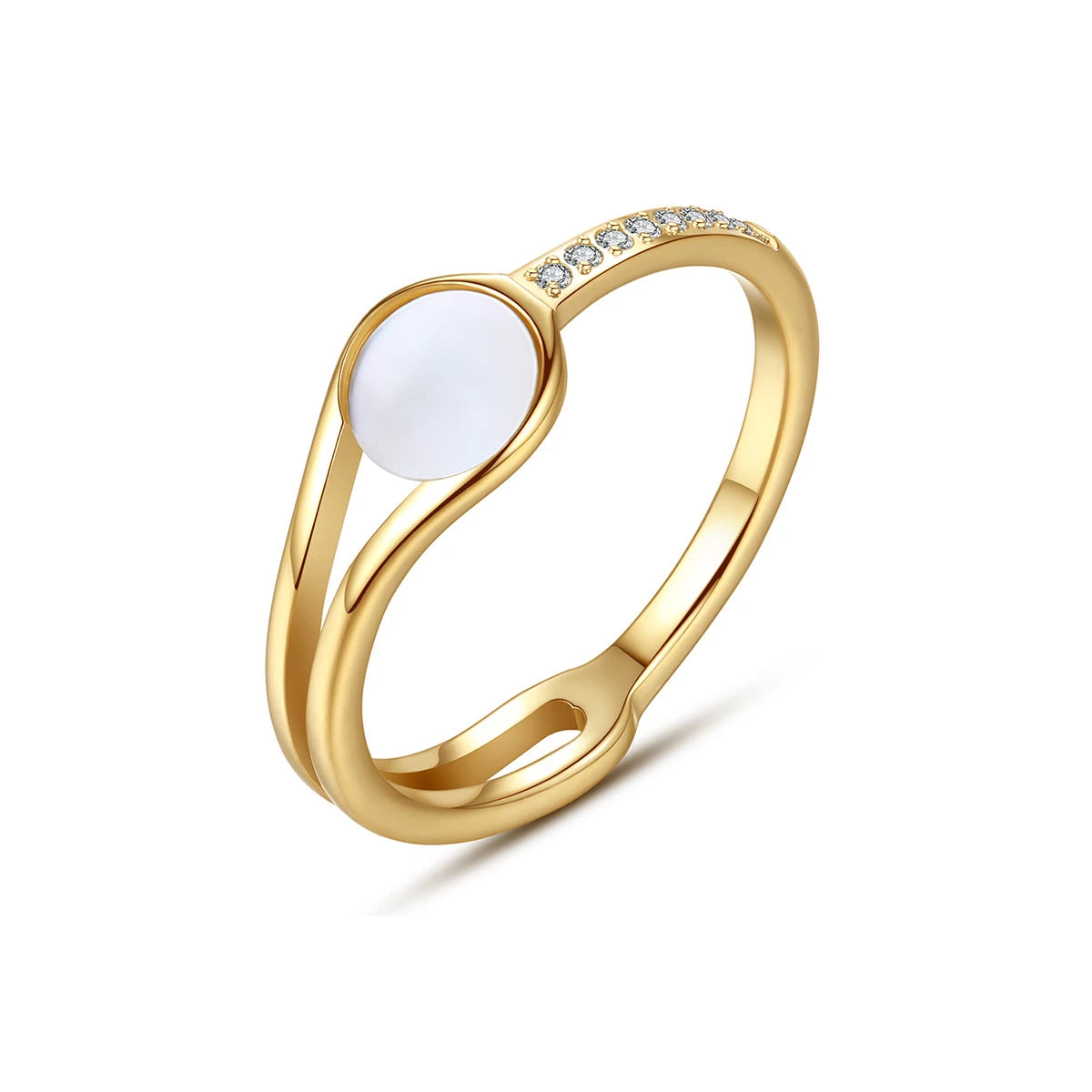 INS Lead and Nickel Free Stainless Steel 18K Gold PVD Plating Hypoallergenic Size 6-9 Clear Seashell Zircon Rings