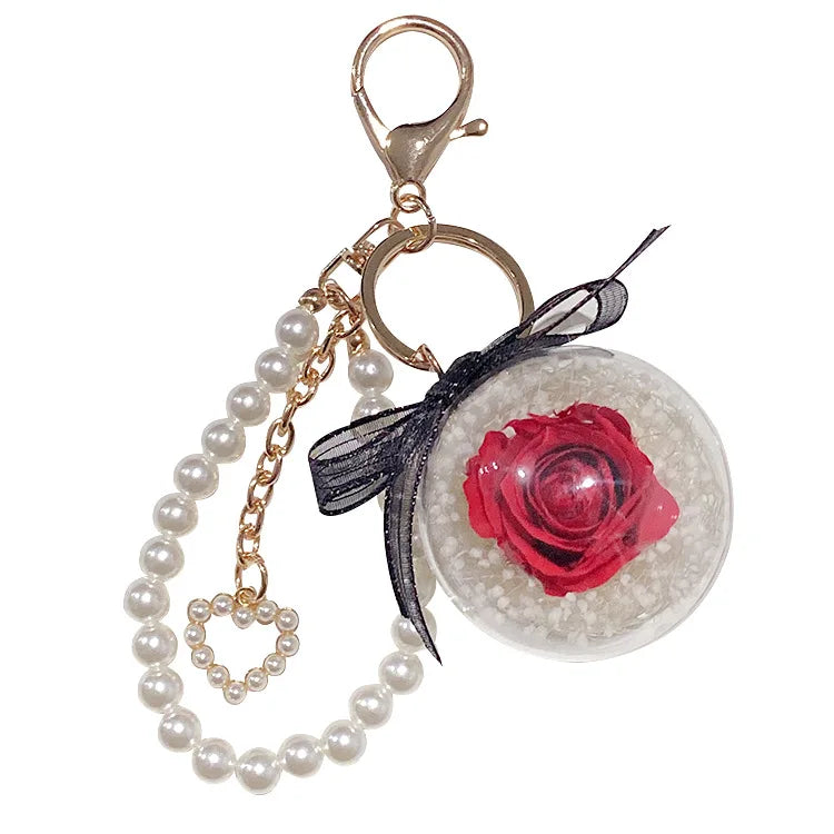 Preserved Rose Flower Car Keychain With Simulate Pearls Charm Pendant Key Ring for Women Girls XMas Gift